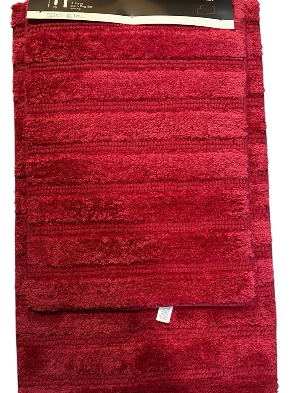 Red Plush Striped Bath Mat Set - Unbranded